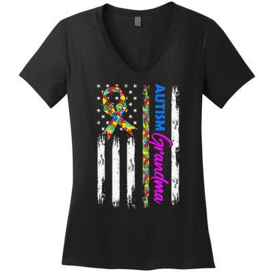 Autism Grandma American Flag Puzzle Ribbon Support Women's V-Neck T-Shirt