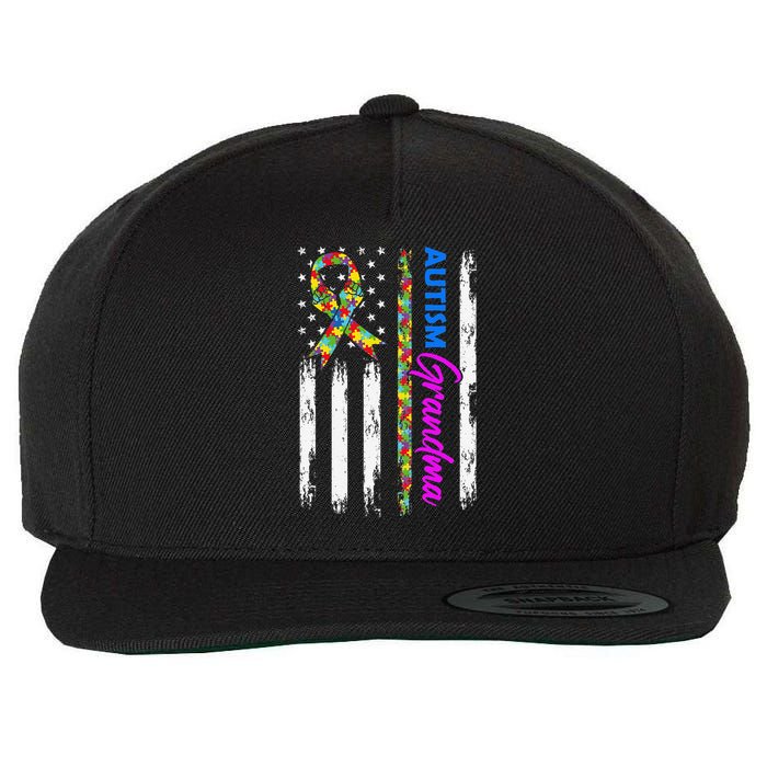Autism Grandma American Flag Puzzle Ribbon Support Wool Snapback Cap