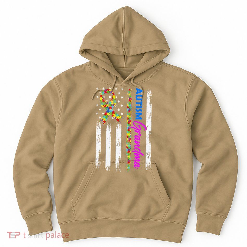 Autism Grandma American Flag Puzzle Ribbon Support Hoodie