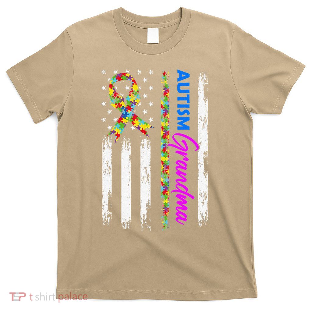 Autism Grandma American Flag Puzzle Ribbon Support T-Shirt