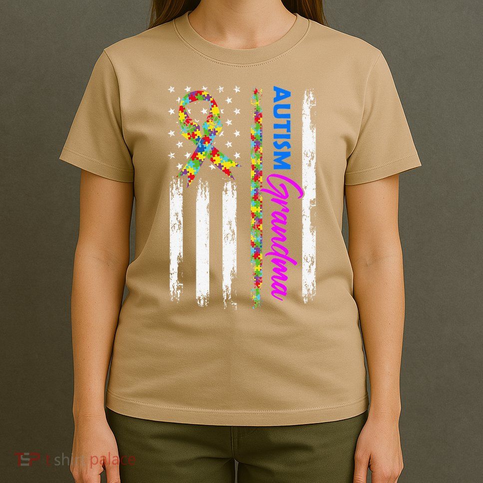 Autism Grandma American Flag Puzzle Ribbon Support T-Shirt