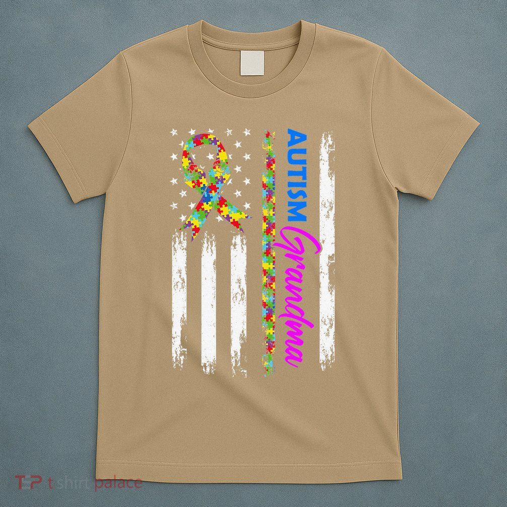 Autism Grandma American Flag Puzzle Ribbon Support T-Shirt
