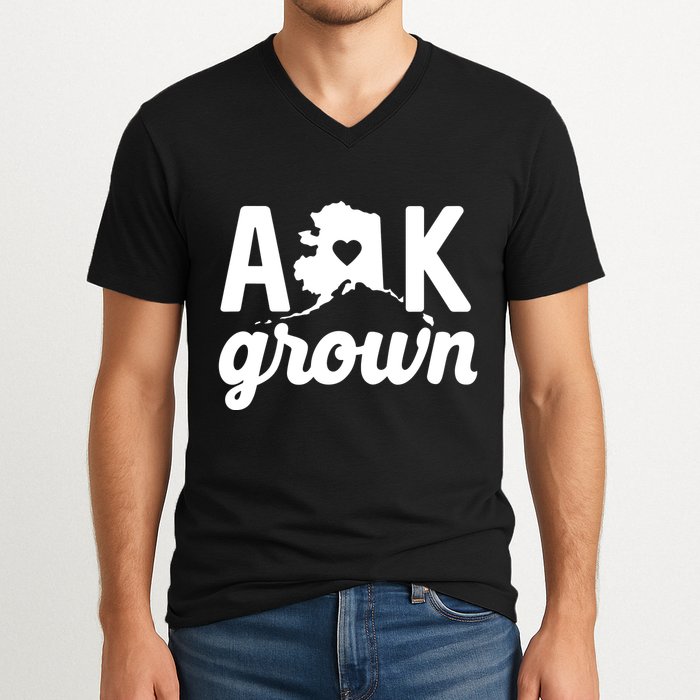 Alaska Grown Ak Home State Heart Script V-Neck T-Shirt