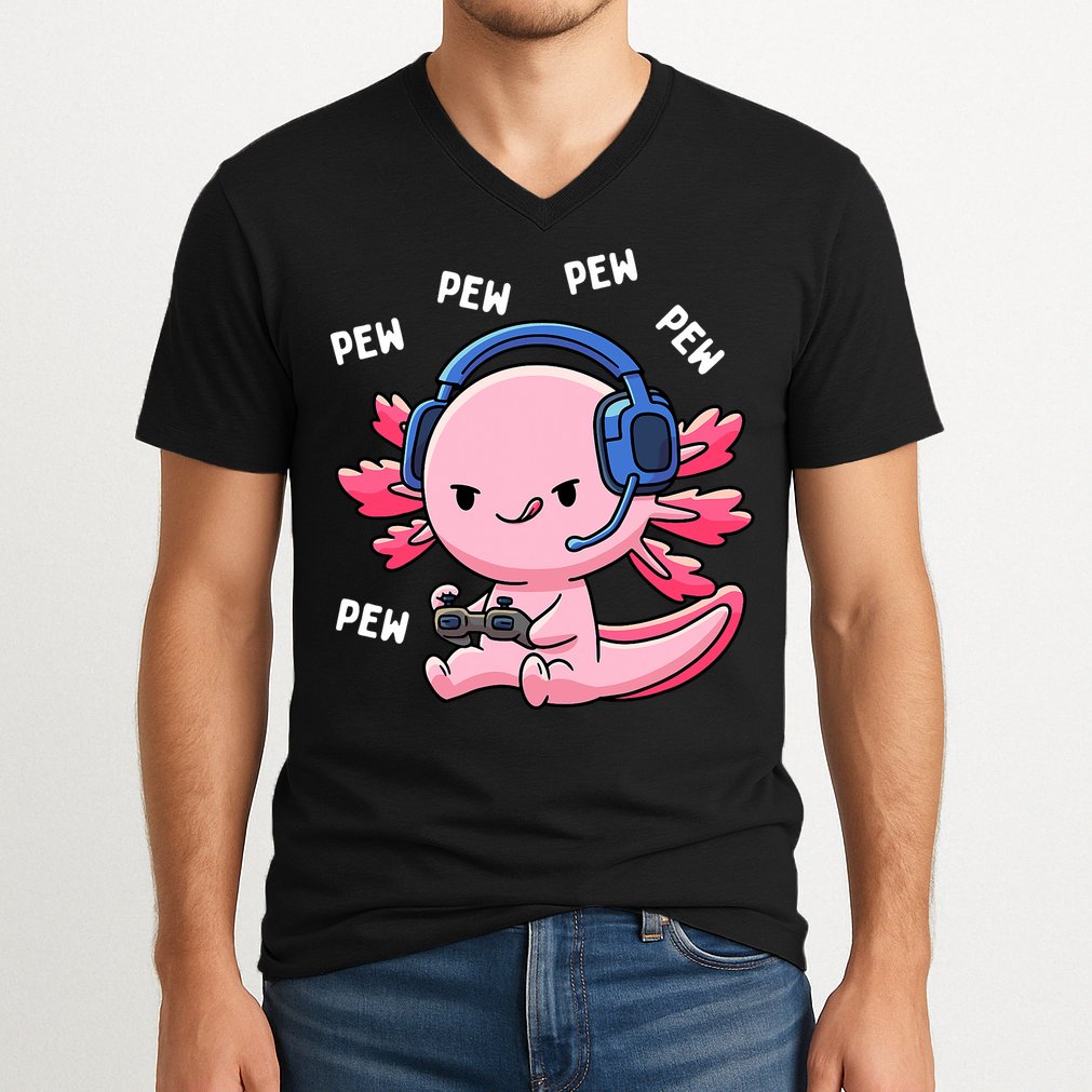 Axolotl Gaming Anime Video Game Pew Gamer V-Neck T-Shirt