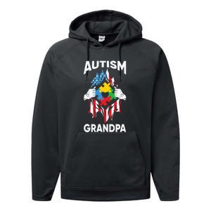 Autism Grandpa American Flag Autism Awareness Puzzle Performance Fleece Hoodie