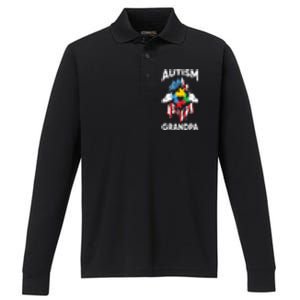 Autism Grandpa American Flag Autism Awareness Puzzle Performance Long Sleeve Polo