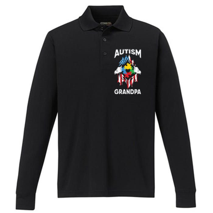 Autism Grandpa American Flag Autism Awareness Puzzle Performance Long Sleeve Polo