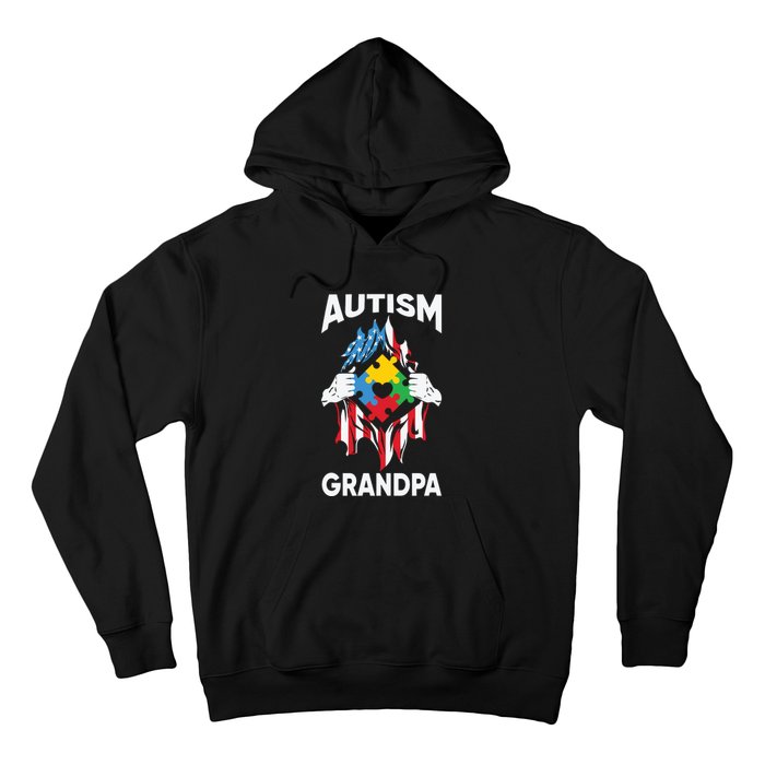 Autism Grandpa American Flag Autism Awareness Puzzle Hoodie