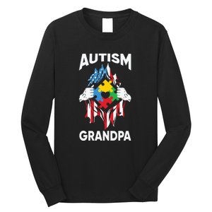 Autism Grandpa American Flag Autism Awareness Puzzle Long Sleeve Shirt