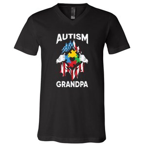 Autism Grandpa American Flag Autism Awareness Puzzle V-Neck T-Shirt