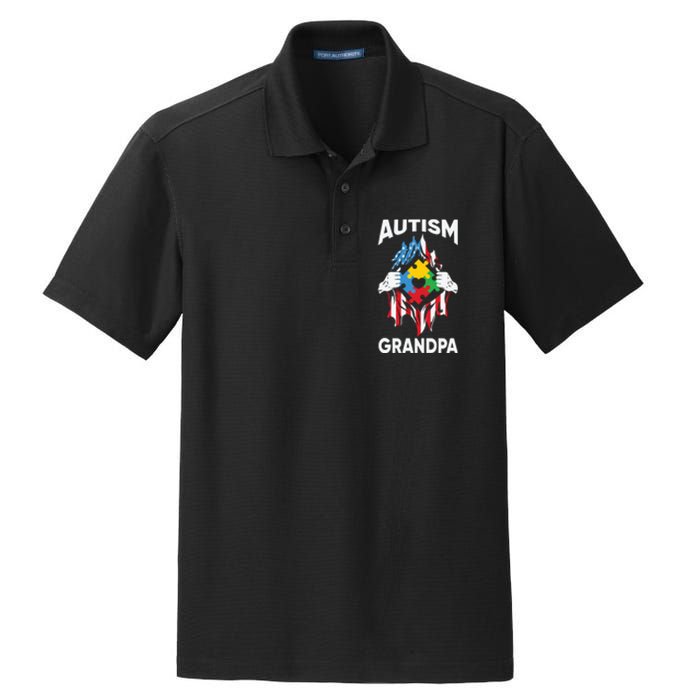 Autism Grandpa American Flag Autism Awareness Puzzle Dry Zone Grid Polo