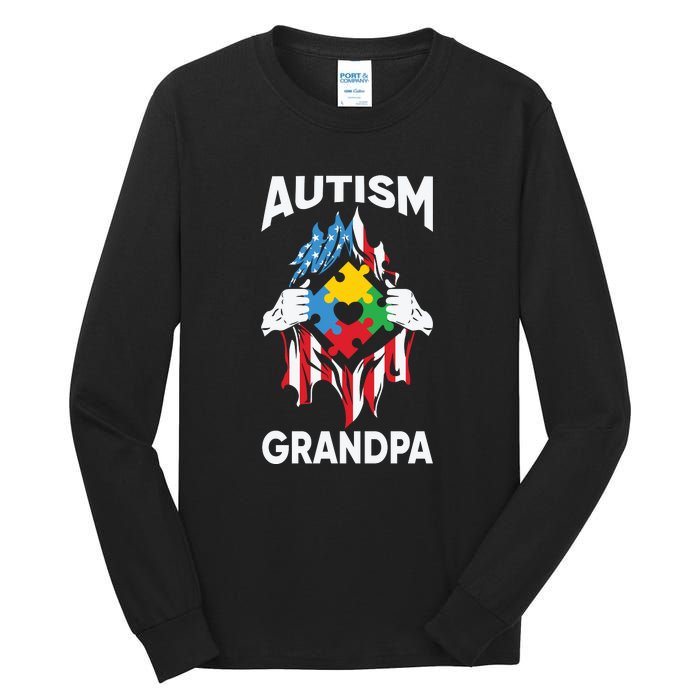 Autism Grandpa American Flag Autism Awareness Puzzle Tall Long Sleeve T-Shirt