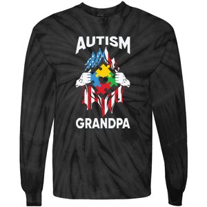 Autism Grandpa American Flag Autism Awareness Puzzle Tie-Dye Long Sleeve Shirt