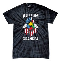 Autism Grandpa American Flag Autism Awareness Puzzle Tie-Dye T-Shirt