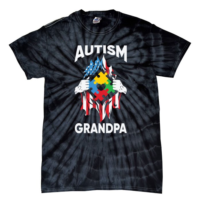 Autism Grandpa American Flag Autism Awareness Puzzle Tie-Dye T-Shirt