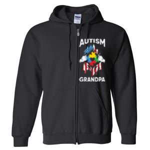 Autism Grandpa American Flag Autism Awareness Puzzle Full Zip Hoodie