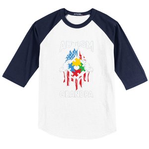 Autism Grandpa American Flag Autism Awareness Puzzle Baseball Sleeve Shirt