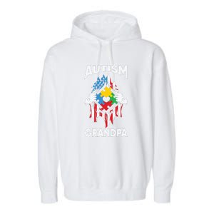 Autism Grandpa American Flag Autism Awareness Puzzle Garment-Dyed Fleece Hoodie