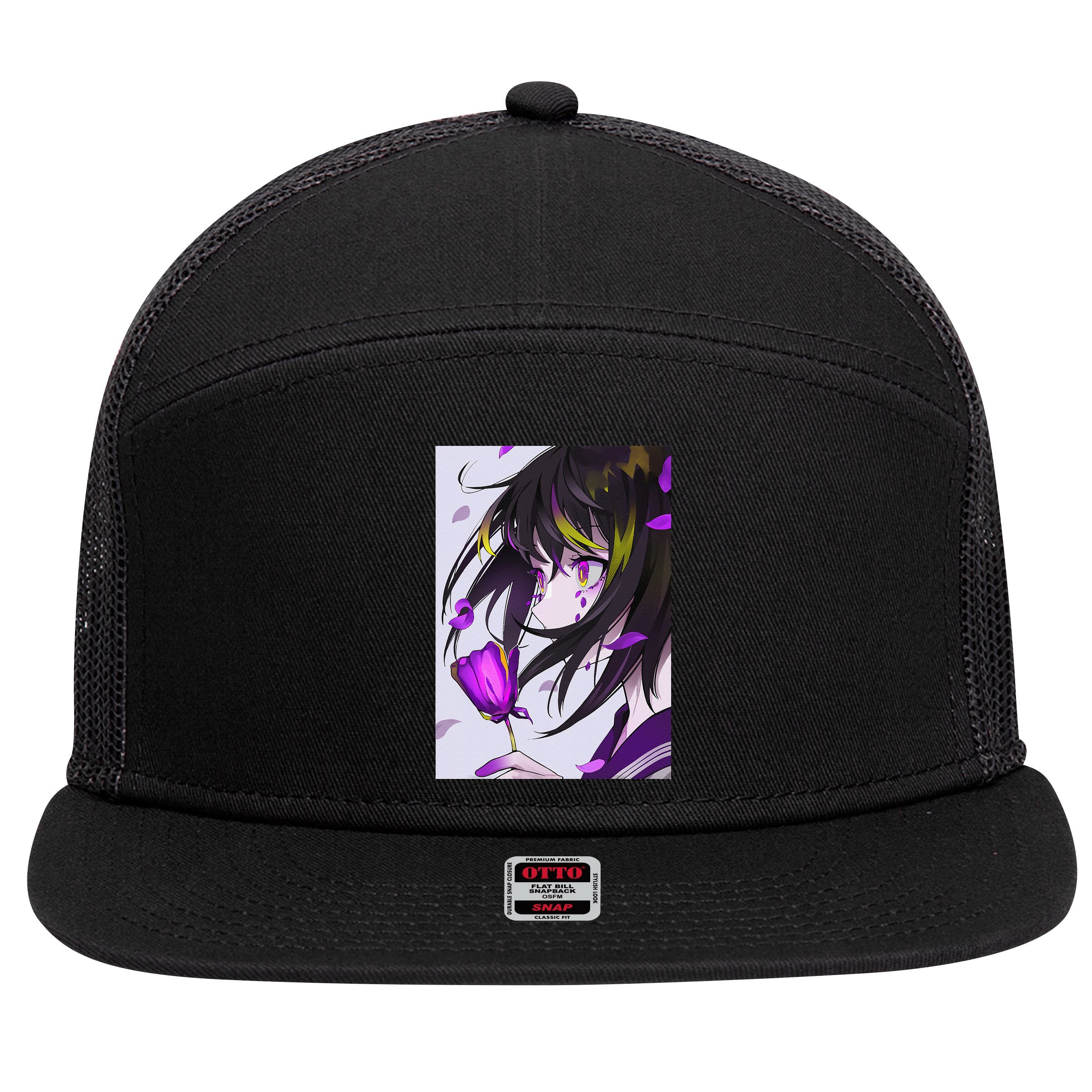 Anime Girl Aesthetic Floral Japanese Kawaii Waifu 7 Panel Mesh Trucker Snapback Hat