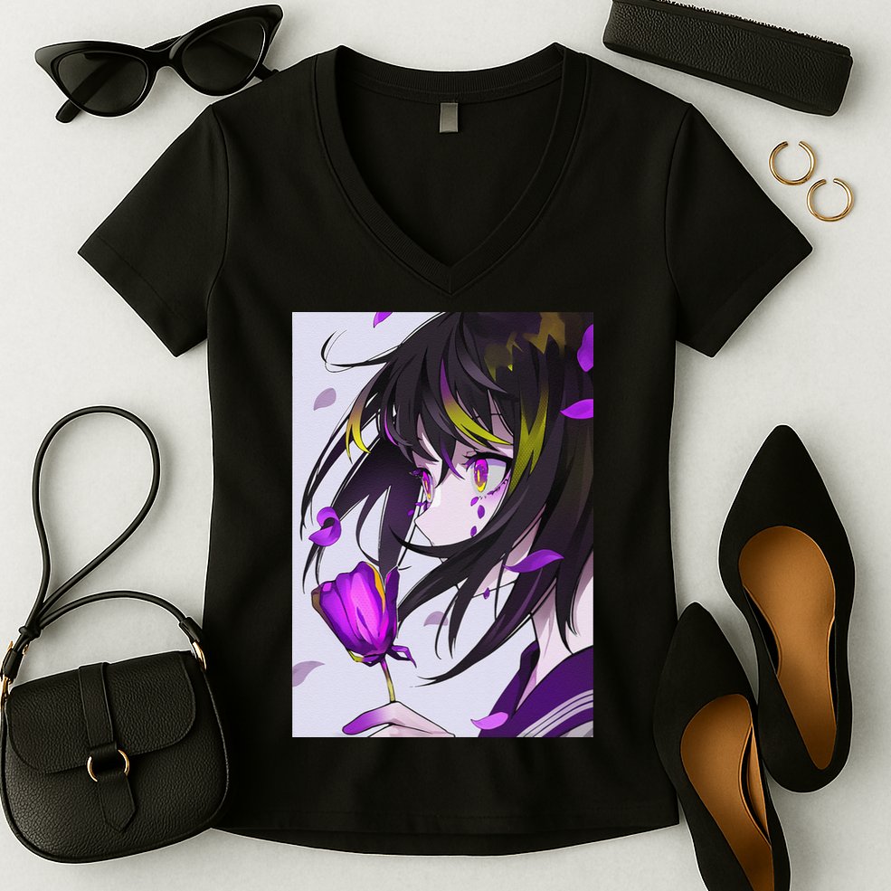 Anime Girl Aesthetic Floral Japanese Kawaii Waifu Women's V-Neck T-Shirt