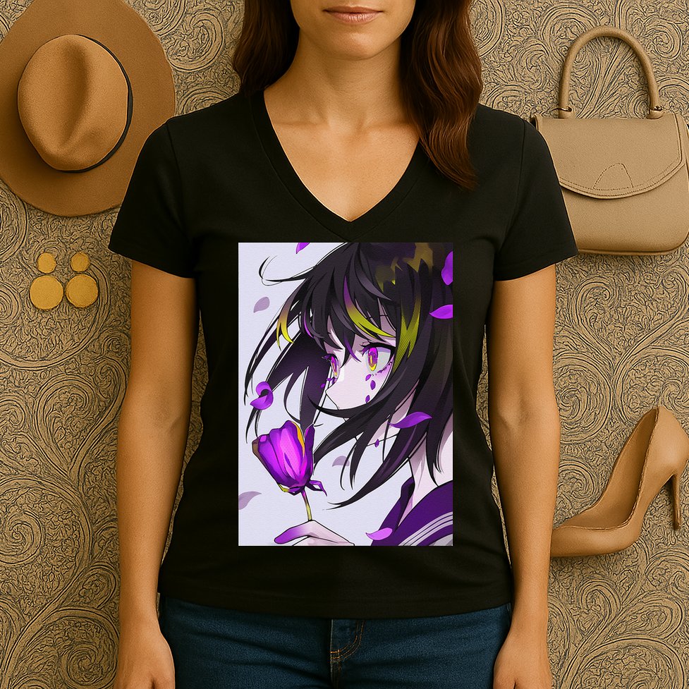 Anime Girl Aesthetic Floral Japanese Kawaii Waifu Women's V-Neck T-Shirt