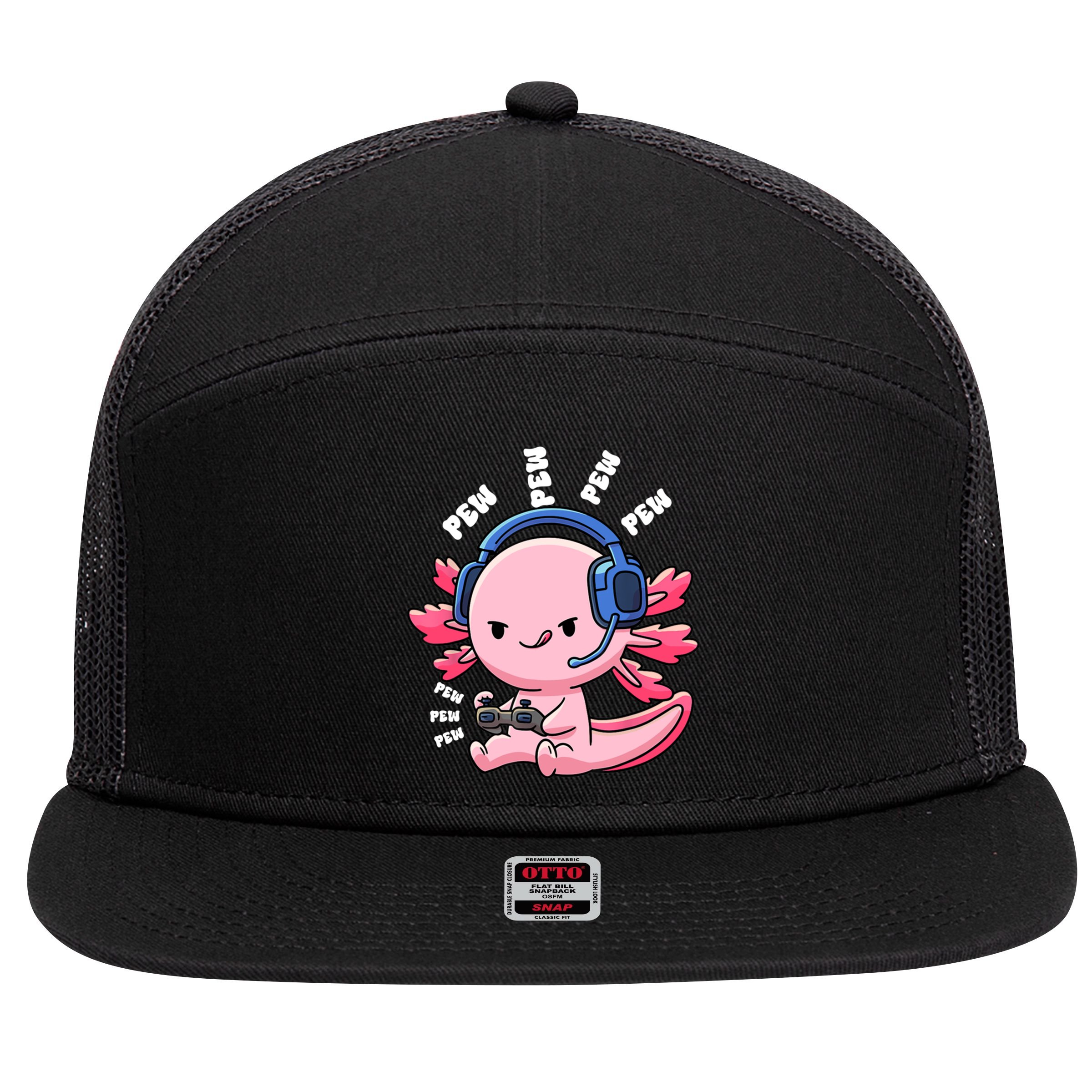 Axolotl Gaming Anime Video Game Pew Gamer Great Gift 7 Panel Mesh Trucker Snapback Hat