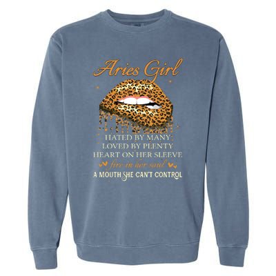 Aries Girl Birthday Gifts Funny Leopard Sexy Lip Garment-Dyed Sweatshirt