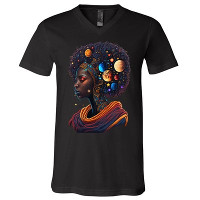 Afro Galactic Beauty Queen Pride Woman Space Black History V-Neck T-Shirt