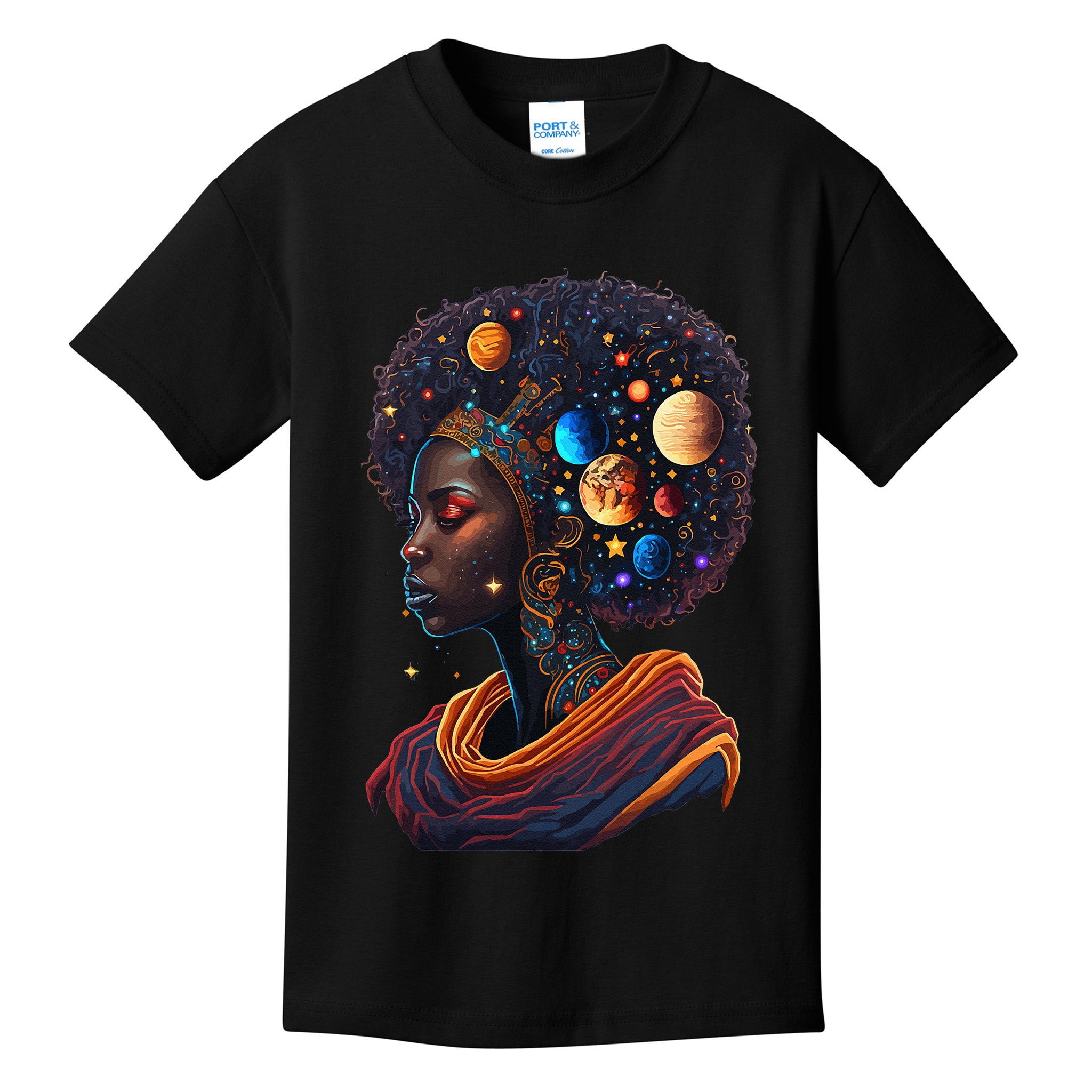 Afro Galactic Beauty Queen Pride Woman Space Black History Kids T-Shirt