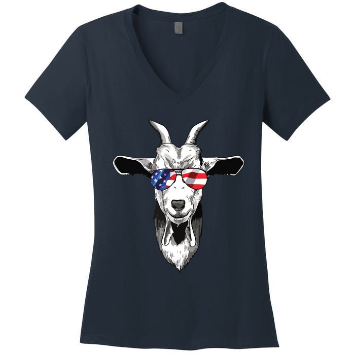 American Goat Cute With USA Sunglasses Patriotic Goat Women's V-Neck T-Shirt