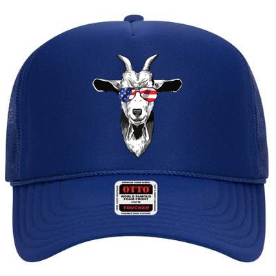 American Goat Cute With USA Sunglasses Patriotic Goat High Crown Mesh Back Trucker Hat