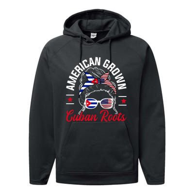 American Grown Cuban Roots Messy Bun Cuba Cuban American Performance Fleece Hoodie