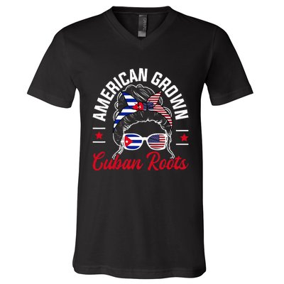 American Grown Cuban Roots Messy Bun Cuba Cuban American V-Neck T-Shirt