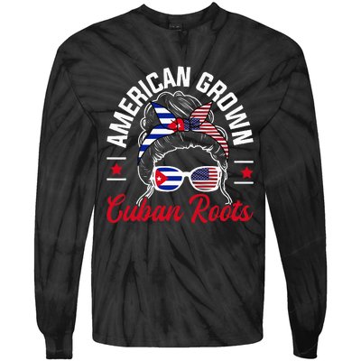 American Grown Cuban Roots Messy Bun Cuba Cuban American Tie-Dye Long Sleeve Shirt