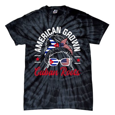 American Grown Cuban Roots Messy Bun Cuba Cuban American Tie-Dye T-Shirt