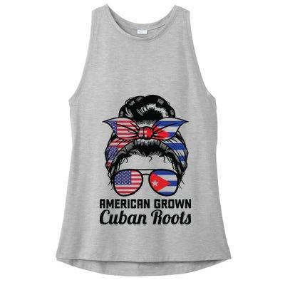 American Grown Cuban Roots Messy Bun Cuba Ladies PosiCharge Tri-Blend Wicking Tank