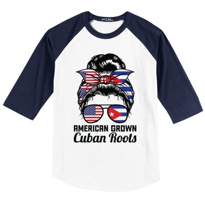 American Grown Cuban Roots Messy Bun Cuba Baseball Sleeve Shirt