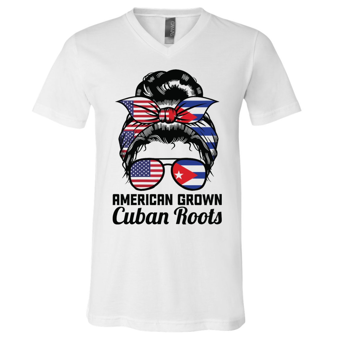 American Grown Cuban Roots Messy Bun Cuba V-Neck T-Shirt