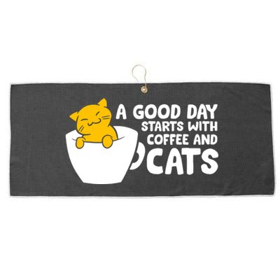 A Good Day Starts With Coffee And Cats Large Microfiber Waffle Golf Towel