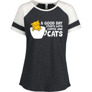 A Good Day Starts With Coffee And Cats Enza Ladies Jersey Colorblock Tee