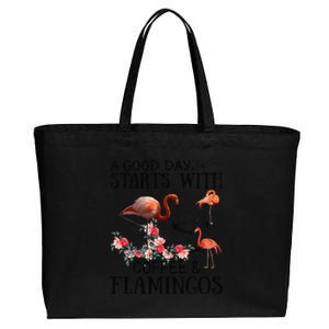 A Good Day Starts With Coffee And Flamingos Cotton Canvas Jumbo Tote