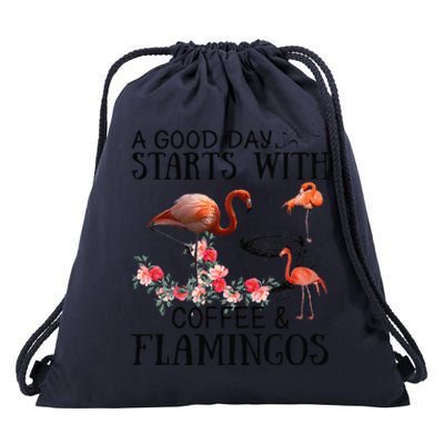 A Good Day Starts With Coffee And Flamingos Drawstring Bag