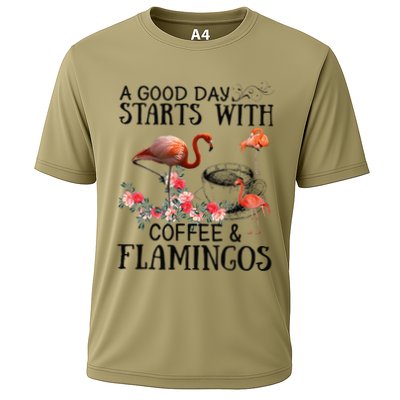 A Good Day Starts With Coffee And Flamingos Cooling Performance Crew T-Shirt