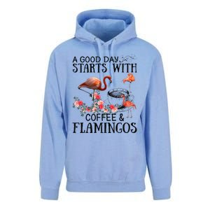 A Good Day Starts With Coffee And Flamingos Unisex Surf Hoodie