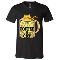 A Good Day Starts With Coffee And Cat Funny V-Neck T-Shirt