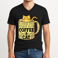 A Good Day Starts With Coffee And Cat Funny V-Neck T-Shirt