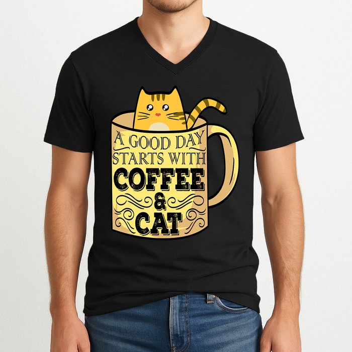 A Good Day Starts With Coffee And Cat Funny V-Neck T-Shirt