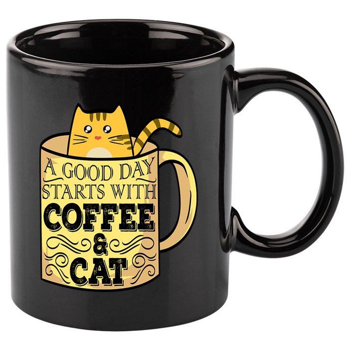 A Good Day Starts With Coffee And Cat Funny 11oz C Handle Ceramic Mug