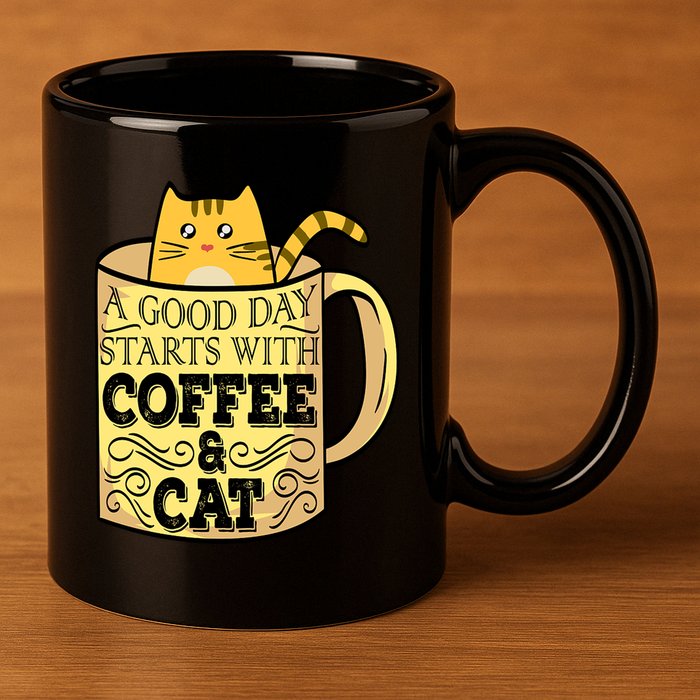A Good Day Starts With Coffee And Cat Funny 11oz C Handle Ceramic Mug