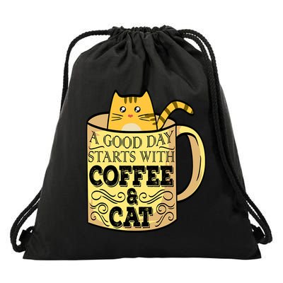 A Good Day Starts With Coffee And Cat Funny Drawstring Bag